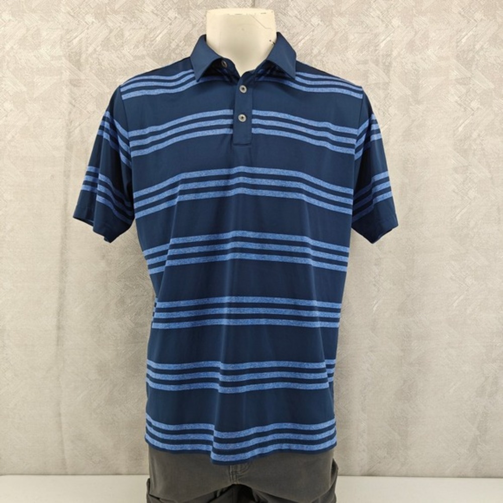 Adidas Golf Polo Shirt Mens‎ Large Navy Blue Striped Short Sleeve Performance